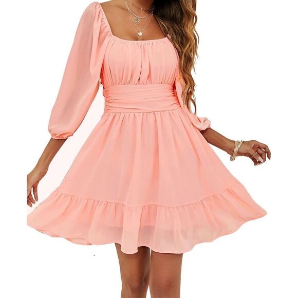 NEW Lantern Sleeve Tie Back Square Neck Off Shoulder Mini Dress M - Picture 1 of 4